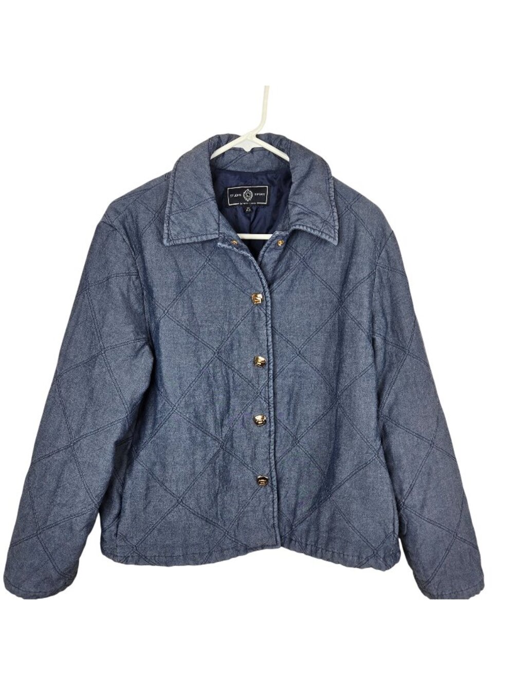 St John Sport Quilted Blue Denim Jacket Gold Snap Front Womens M